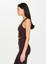 THE UPSIDE Peached Jacinta Tank in Dark Brown is a recycled high neck cropped tank with a built in shelf bra and removable cups.