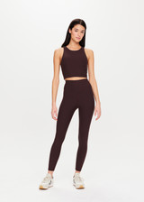 THE UPSIDE Peached Jacinta Tank in Dark Brown is a recycled high neck cropped tank with a built in shelf bra and removable cups.