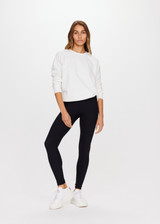THE UPSIDE women's white Newport Crew is made for a relaxed fit with organic cotton french terry and features ribbed neck, cuffs and waist.