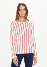 THE UPSIDE Alpine Chrissy Knit Top in Striped Red and White is a sustainable lightweight knit top with vertical stripe design, mini frill detail at cuff and intarsia heart and arrow at back.