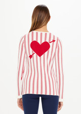 THE UPSIDE Alpine Chrissy Knit Top in Striped Red and White is a sustainable lightweight knit top with vertical stripe design, mini frill detail at cuff and intarsia heart and arrow at back.