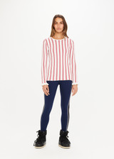 THE UPSIDE Alpine Chrissy Knit Top in Striped Red and White is a sustainable lightweight knit top with vertical stripe design, mini frill detail at cuff and intarsia heart and arrow at back.