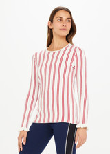 THE UPSIDE Alpine Chrissy Knit Top in Striped Red and White is a sustainable lightweight knit top with vertical stripe design, mini frill detail at cuff and intarsia heart and arrow at back.