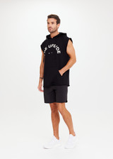 THE UPSIDE Recovery Hoodie in Black is an organic cotton sleeveless, longline hoodie with a cream horseshoe logo print at centre front and raw edges with kangaroo pocket and drawcord through hood.