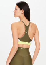 THE UPSIDE Beat Linda Bra in Khaki is a sustainable full coverage racerback bra colour blocked in our Eco Tech performance fabric with removable cups.