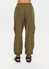 THE UPSIDE Kendall Cargo Pant in Khaki is a recycled cargo pant with an organic cotton lining, elasticated waistband, pockets and fully lined in soft jersey.