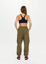 THE UPSIDE Kendall Cargo Pant in Khaki is a recycled cargo pant with an organic cotton lining, elasticated waistband, pockets and fully lined in soft jersey.