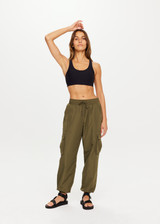 THE UPSIDE Kendall Cargo Pant in Khaki is a recycled cargo pant with an organic cotton lining, elasticated waistband, pockets and fully lined in soft jersey.