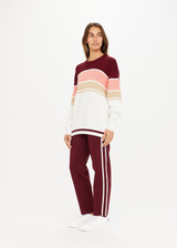 THE UPSIDE Boo Knit in White with Burgundy, Coral and Natural Stripe design is a sustainable organic cotton knit sweater with knitted rib cuffs, hem and neckline.