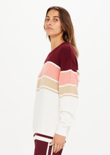 THE UPSIDE Boo Knit in White with Burgundy, Coral and Natural Stripe design is a sustainable organic cotton knit sweater with knitted rib cuffs, hem and neckline.