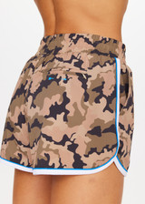 THE UPSIDE Trekky Billie Run Short in our Camo Print is a recycled mid-rise lightweight run short with white and blue binding, pockets, and elasticated waistband with drawcord.
