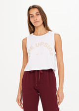 THE UPSIDE Bailey Crop Tank in White is a sustainable organic cotton relaxed fit, cropped tank printed with our horseshoe logo at centre front.