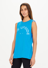 THE UPSIDE Tara Tank in Blue is an organic cotton sleeveless top with a long line silhouette and a large tonal horsehoe logo print at the centre front.