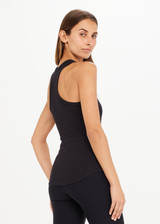 THE UPSIDE women's black Frankie Rib Tank is made from organic cotton elastane rib. This racer-back tank features a scooped hem at front and back and are designed for a regular fit.