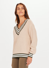 THE UPSIDE Pilot Louie Sweater Pebble Brown is a sustainable organic cotton knit sweater with a deep “V” neckline and knitted stripes through the rib cuffs, neckline and hem.