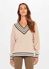 THE UPSIDE Pilot Louie Sweater Pebble Brown is a sustainable organic cotton knit sweater with a deep “V” neckline and knitted stripes through the rib cuffs, neckline and hem.