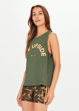 THE UPSIDE Bailey Tank in Olive Green is a sustainable sleeveless tank with our contrast horseshoe logo at centre front.