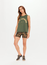 THE UPSIDE Bailey Tank in Olive Green is a sustainable sleeveless tank with our contrast horseshoe logo at centre front.