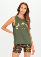 THE UPSIDE Bailey Tank in Olive Green is a sustainable sleeveless tank with our contrast horseshoe logo at centre front.