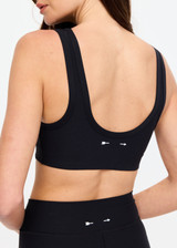THE UPSIDE women's black mid coverage Peached Harley Bra features removable bust cups, scoop front and neck bra. This sports bra is constructed with breathable, moisture-wicking fabrication.