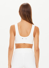 THE UPSIDE women's white Peached Harley Bra made with Recycled Peach fabric features a scoop front, scooped back, removable bust cups and moisture wicking properties; perfect for yoga, pilates or barre.