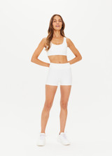 THE UPSIDE women's white Peached Harley Bra made with Recycled Peach fabric features a scoop front, scooped back, removable bust cups and moisture wicking properties; perfect for yoga, pilates or barre.