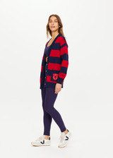 THE UPSIDE Roosevelt Piper Knit Cardigan in Navy and Red Stripes is a sustainable organic cotton longline “V” neck knit cardigan with pockets and button front opening.