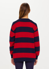 THE UPSIDE Roosevelt Piper Knit Cardigan in Navy and Red Stripes is a sustainable organic cotton longline “V” neck knit cardigan with pockets and button front opening.