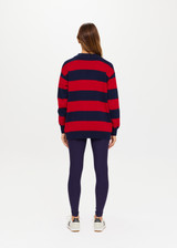 THE UPSIDE Roosevelt Piper Knit Cardigan in Navy and Red Stripes is a sustainable organic cotton longline “V” neck knit cardigan with pockets and button front opening.