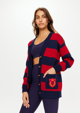 THE UPSIDE Roosevelt Piper Knit Cardigan in Navy and Red Stripes is a sustainable organic cotton longline “V” neck knit cardigan with pockets and button front opening.