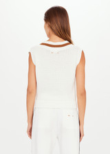 THE UPSIDE Bleeker Quinn Knit Vest in White is a sustainable organic cotton waffle knit cropped vest with a deep “V” neckline, knitted stripe neck detail and soft ribbed neckline, armholes and hem.