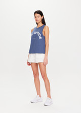 THE UPSIDE Sarah Tank in Pool Blue is a sustainable organic cotton relaxed fit tank printed with our horseshoe logo at centre front in white.