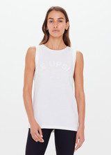 THE UPSIDE women's white Jeet Muscle Tank in organic cotton jersey is a relaxed fit tank with folded detailing and a printed tonal horeshoe logo.