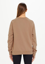 THE UPSIDE women’s brown Newport Crew, made with organic cotton french terry fabric, features a relaxed-fit, rib neck, cuffs and waist, and a tonal printed horseshoe logo on front.