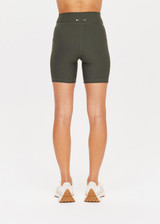 THE UPSIDE womens mid-rise khaki Peached 6 Inch Pocket Spin Short made with Recycled Peach fabric features two side pockets, brushed handfeel and moisture wicking properties.