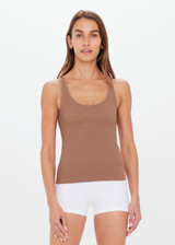 THE UPSIDE womens brown/mocha scoop neck, form fitting Balance Seamless Lenny Tank made with Form Seamless fabric features cross back straps, shelf bra and removable cups.