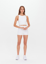 THE UPSIDE womens white high neck Jacinta Crop Tank made with Recycled Peached fabric features a built in shelf bra and removable cups, designed for layering.