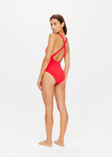 THE UPSIDE red Quince Pamela One Piece made from recycled polyester is fully lined and features a scoop neck, low cooped back with cross back stripes and recycled textured terry towelling stripe.