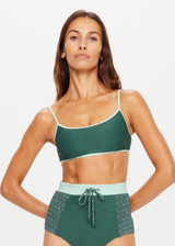 THE UPSIDE pine green Mahina Gia Bralette made from a recycled textured fabric is fully lined and features a scoop front, mint green binds, adjustable straps and removable bust cups.