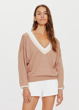 THE UPSIDE womens brown/white long-sleeve v-neck Bonita Knit Crew made with lightweight organic cotton linen blend features rib neck, cuffs and hem.