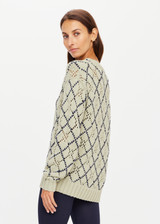 THE UPSIDE womens matcha green Jardin Boo Knit made with brushed organic cotton is a crew neck knit featuring a diamond check design with contrasting navy thread and soft knitted cuff, neck and hem.