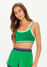 THE UPSIDE women's green double-layer Form Seamless Kelsey Bra made in Recycled Form Seamless fabric features a white contrast underlayer, soft stripe ribbing at band and moisture control properties.