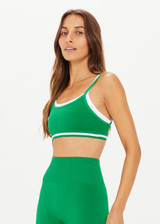 THE UPSIDE women's green double-layer Form Seamless Kelsey Bra made in Recycled Form Seamless fabric features a white contrast underlayer, soft stripe ribbing at band and moisture control properties.