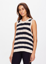 THE UPSIDE women's black and cream stripe Queens Nelson Knit Vest made with organic combed cotton knit fabric features soft rib cuff, neck and hem and an oversized fit.