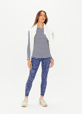 THE UPSIDE women's navy and white Rib Chrissy Long Sleeve top made with organic cotton elastane rib features a slim fit, nautical stripe design and arrow logo at sleeve.
