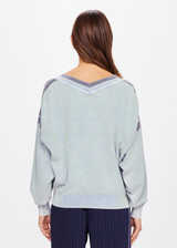 THE UPSIDE womens denim blue long-sleeve v-neck Bonita Knit Crew made with lightweight organic cotton linen blend features rib neck, cuffs and hem.