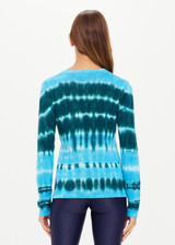 THE UPSIDE women's Tie Dye Amana Long Sleeve Knit made in 100% organic cotton features a lightweight construction, hues of blue and emerald and arrow logo pip at cuff; perfect for mid-seasonal layering.