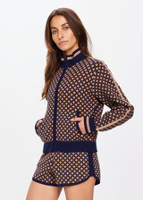 THE UPSIDE women's geo abstract Interstella Margot Jacket is a slim fit zip through jacket made from an organic cotton blend jacquard, featuring raglan sleeves with contrast creme stripe and soft rib collar and cuffs.