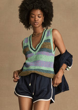 THE UPSIDE women's navy Estadio Callie Short is made with recycled fabric, for a true to size fit. This mini lifestyle short features an elastic waist with side seam pockets.