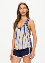 THE UPSIDE women's creme and navy tie dye Wishbone Emma Knitted Tank is made with 100% organic cotton. Designed for leisure this lightweight tank features a stripy ribbed neckline.